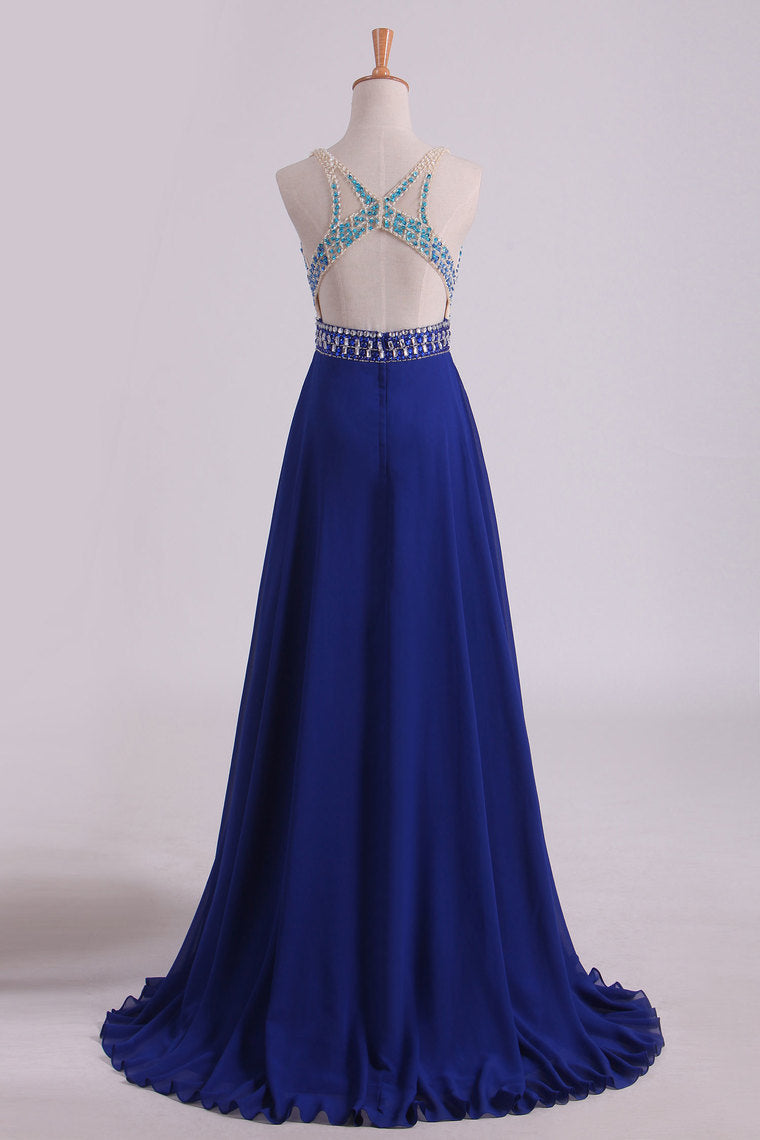 2024 Prom Dresses V Neck Beaded Bodice A Line Open Back Dark Royal Blue Chiffon & Tulle