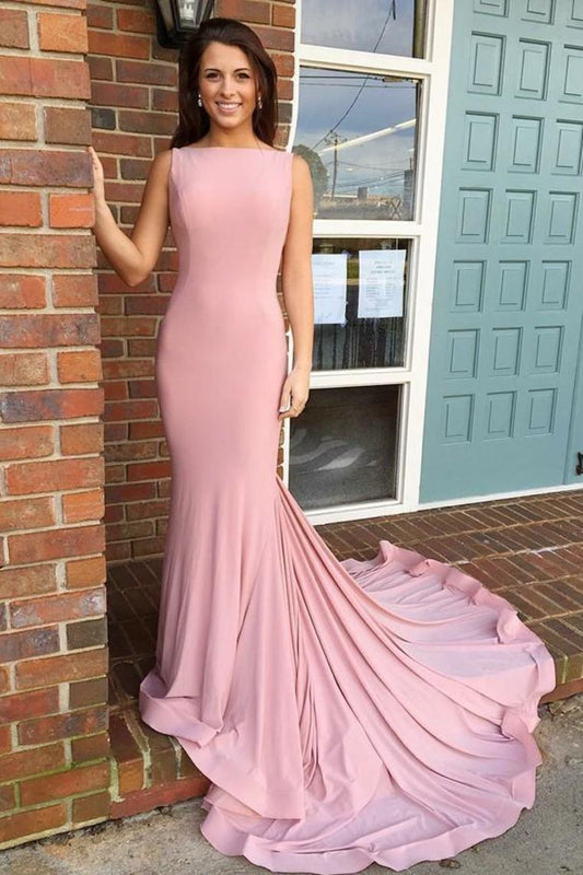 Boat Necking Long Sheath Pink Elegant Simple Cheap Prom Dresses Prom Gowns