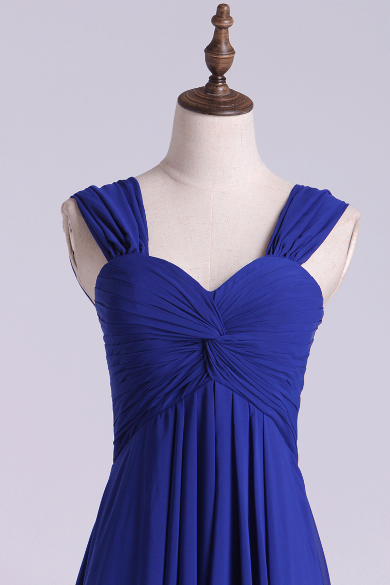 2024 Dark Royal Blue Prom Dresses A Line Straps Floor Length Chiffon Ruffled