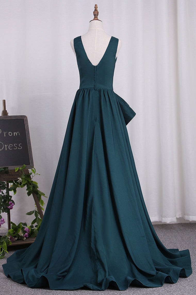 2024 Deep V Neck Elastic Satin A Line Evening Dresses Sweep Train