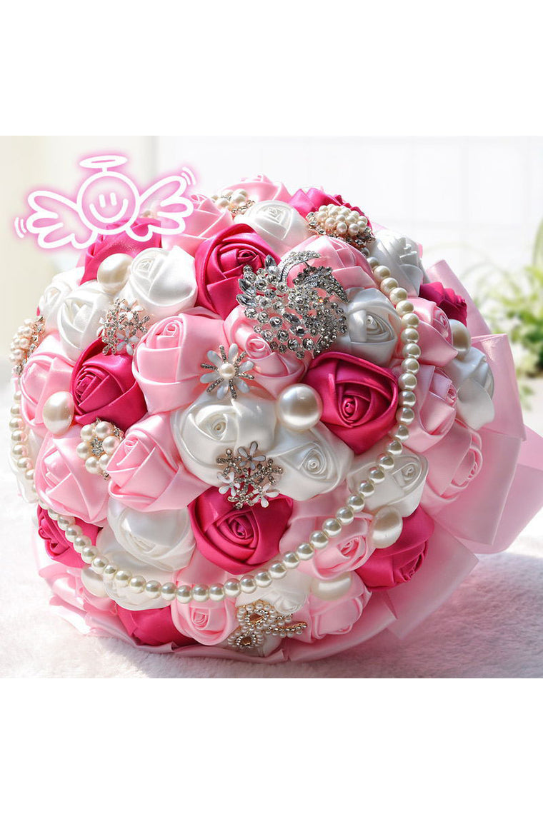 Elegant Round Satin Bridal Bouquets With Pearls