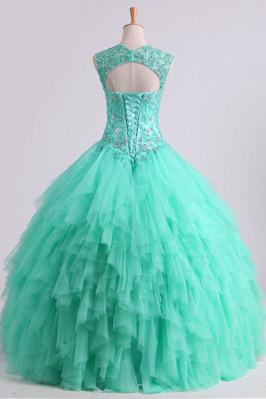 2024 Mint Sweetheart Floor Length Beaded Bodice Quinceanera Dresses Tulle Ball Gown