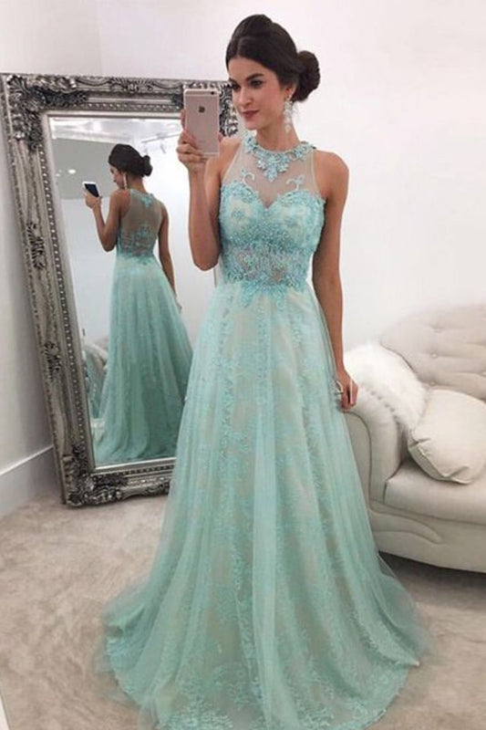 2024 New Arrival  Scoop Neck Lace A-Line Prom Dresses With Sweep Train Zipper Up