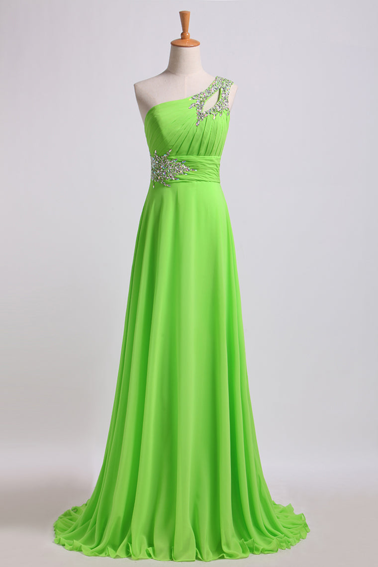 Cheap Prom Dresses Green One Shoulder Floor Length Sweep/Brush Train