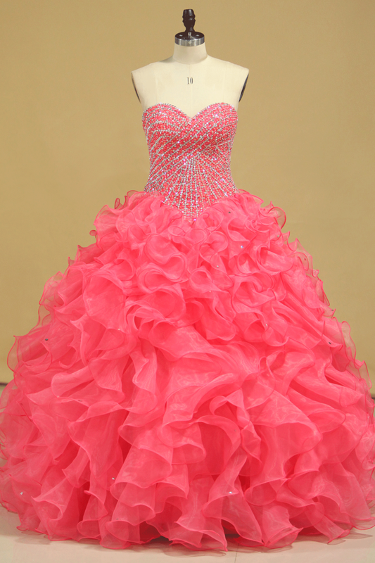 2024 Beautiful Quinceanera Beaded Bodice Sweetheart Floor Length Ruffle Skirt Orange