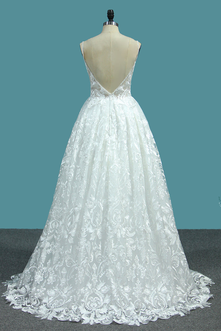 2024 A Line Lace Wedding Dresses Spaghetti Straps With Beads Sweep Train