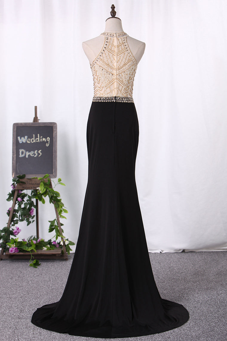 2024 Spandex Scoop With Beading Mermaid Sweep Train Prom Dresses