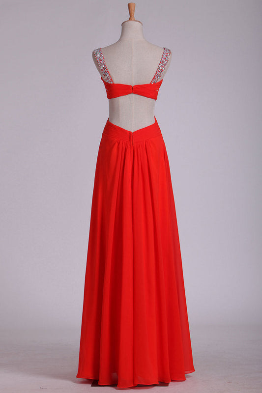 2024 Straps Open Back Prom Dresses Sheath Chiffon With Beads And Ruffles