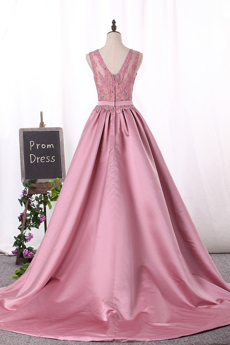 2024 Scoop A Line Satin Evening Dresses With Applique And Beads Sash/Ribbon