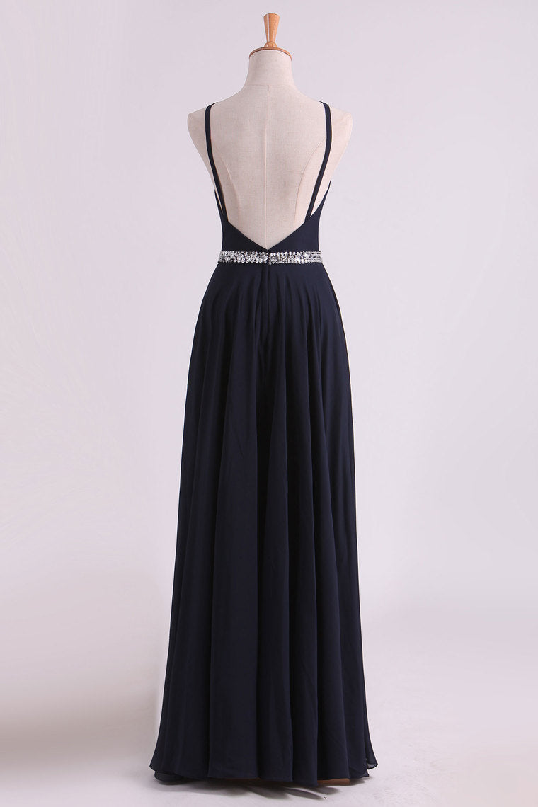 2024 Prom Dresses Spaghetti Straps Beaded Waistline Chiffon Open Back