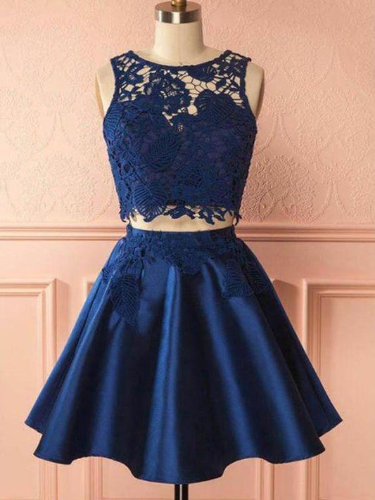 2 Pieces Navy Liliana Two Pieces Satin Homecoming Dresses Lace Blue Party Dress