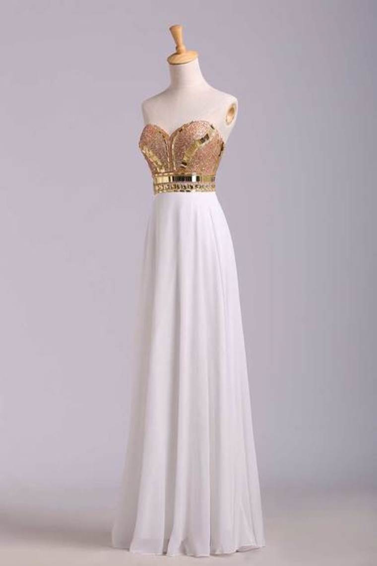 2024 New Arrival Prom Dresses A-Line Sweetheart Floor-Length Beaded Bodice Chiffon