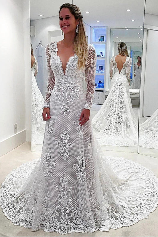 V-Neck Long Sleeves Mermaid Open Back Sheath Lace Modest Wedding Dresses