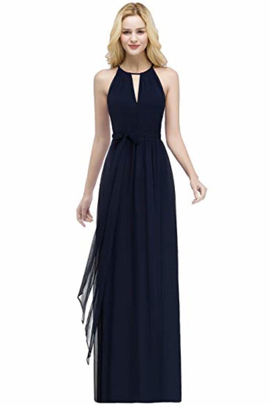 Bow Knot Chiffon Round Neck A Line Sleeveless Wedding Bridesmaid Long Evening  Festive Party Dress