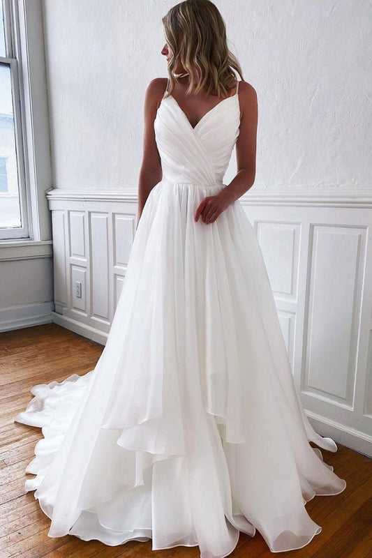 White V Neck Long Prom Dresses Evening Dresses