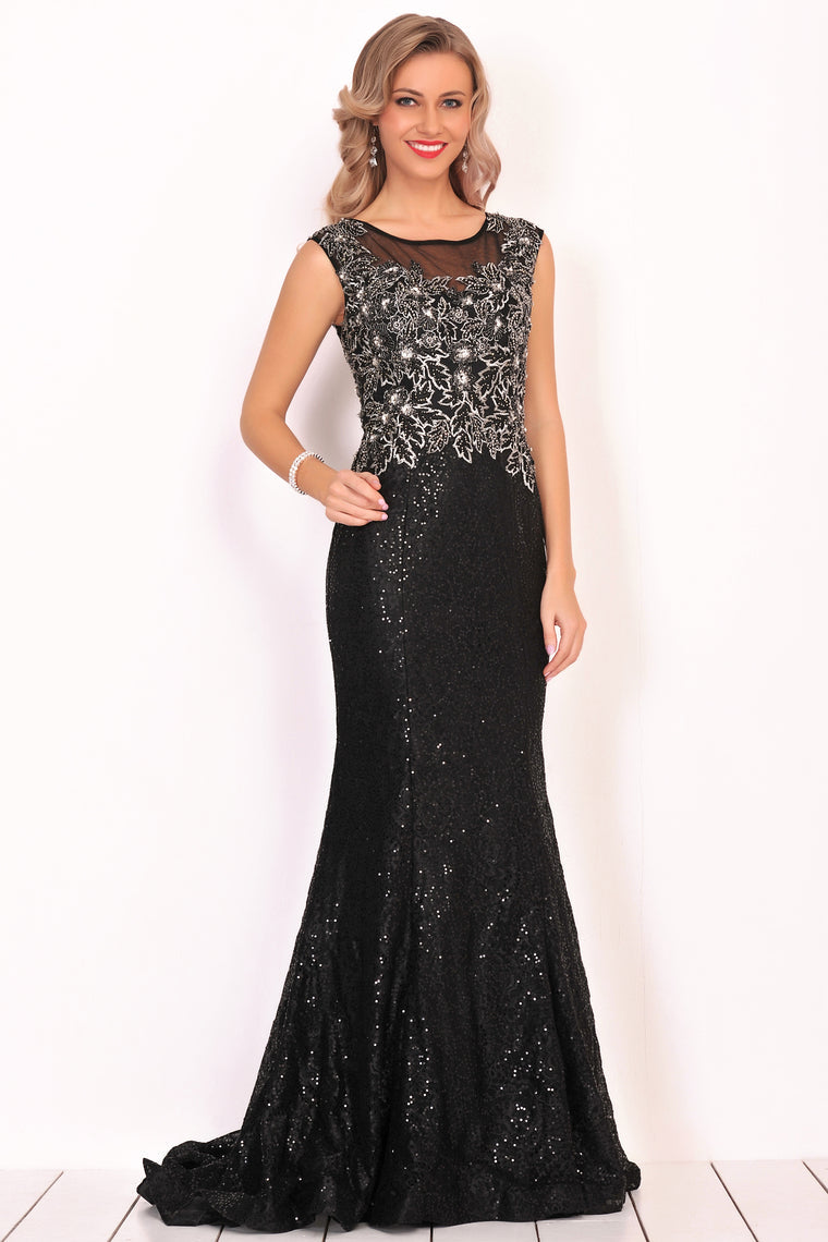 2024 Scoop Prom Dresses Mermaid Sequins With Beading Sweep Train