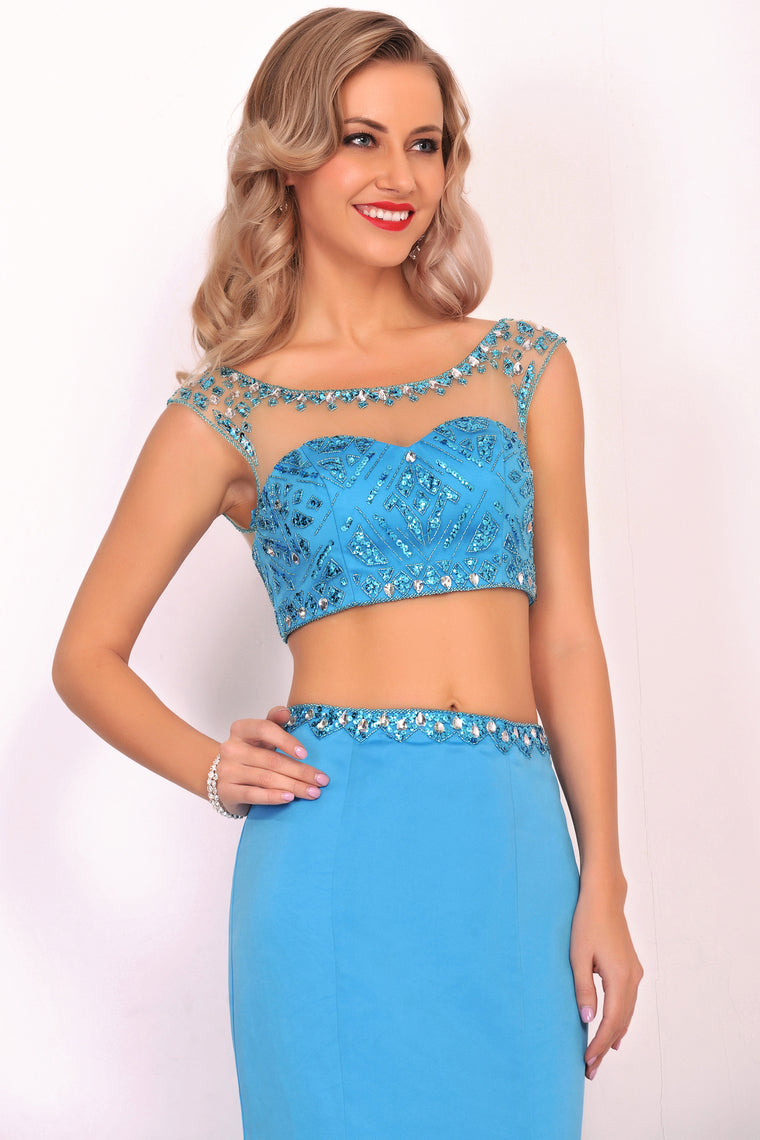 2024 Two-Piece Scoop Prom Dresses Mermaid Satin With Beading