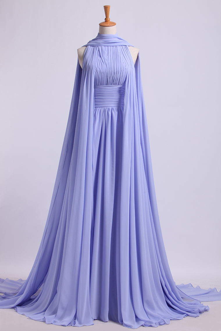 2024 High Neck Pleated Bodice Prom Dresses A-Line Chiffon Sweep Train