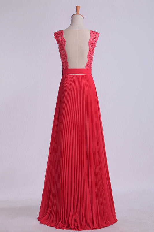 2024  V Neck Prom Dress Appliqued Bodice Ruched Waistband Flowing Chiffon Skirt