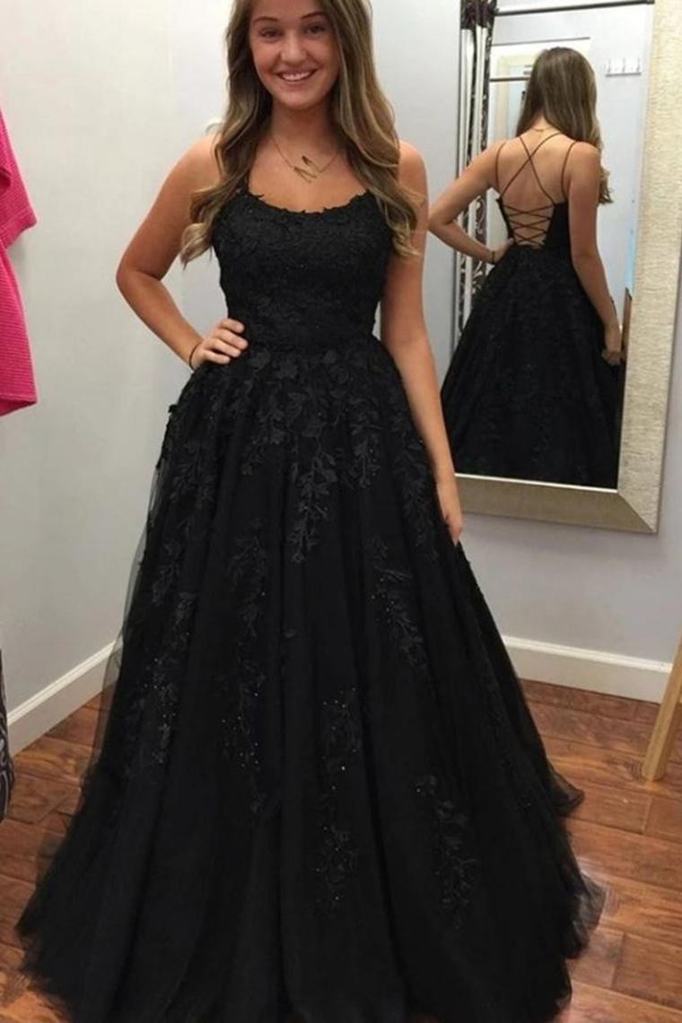 Spaghetti Straps Floor Length Prom Dress With Appliques, Long Evening Dress Lace Up Back