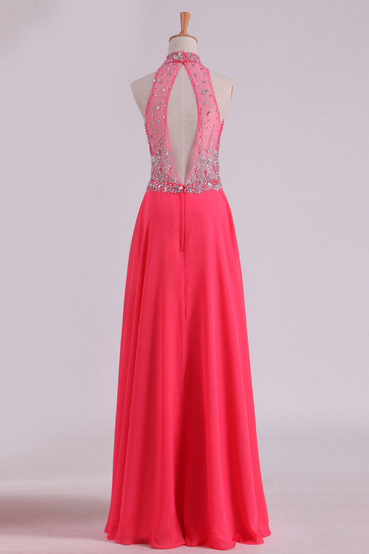 2024 High Neck Prom Dresses A Line Chiffon With Beading Sweep Train