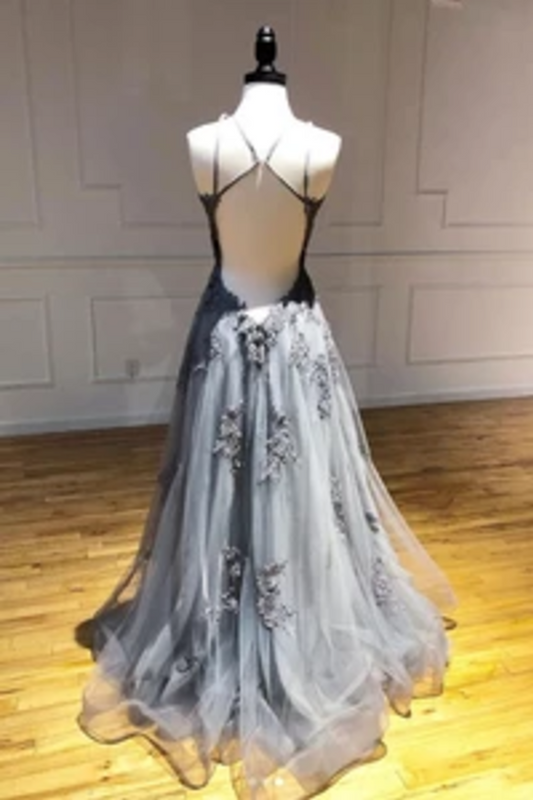 Tulle Long Prom Dresses, Appliqued Backless Formal Evening Dress