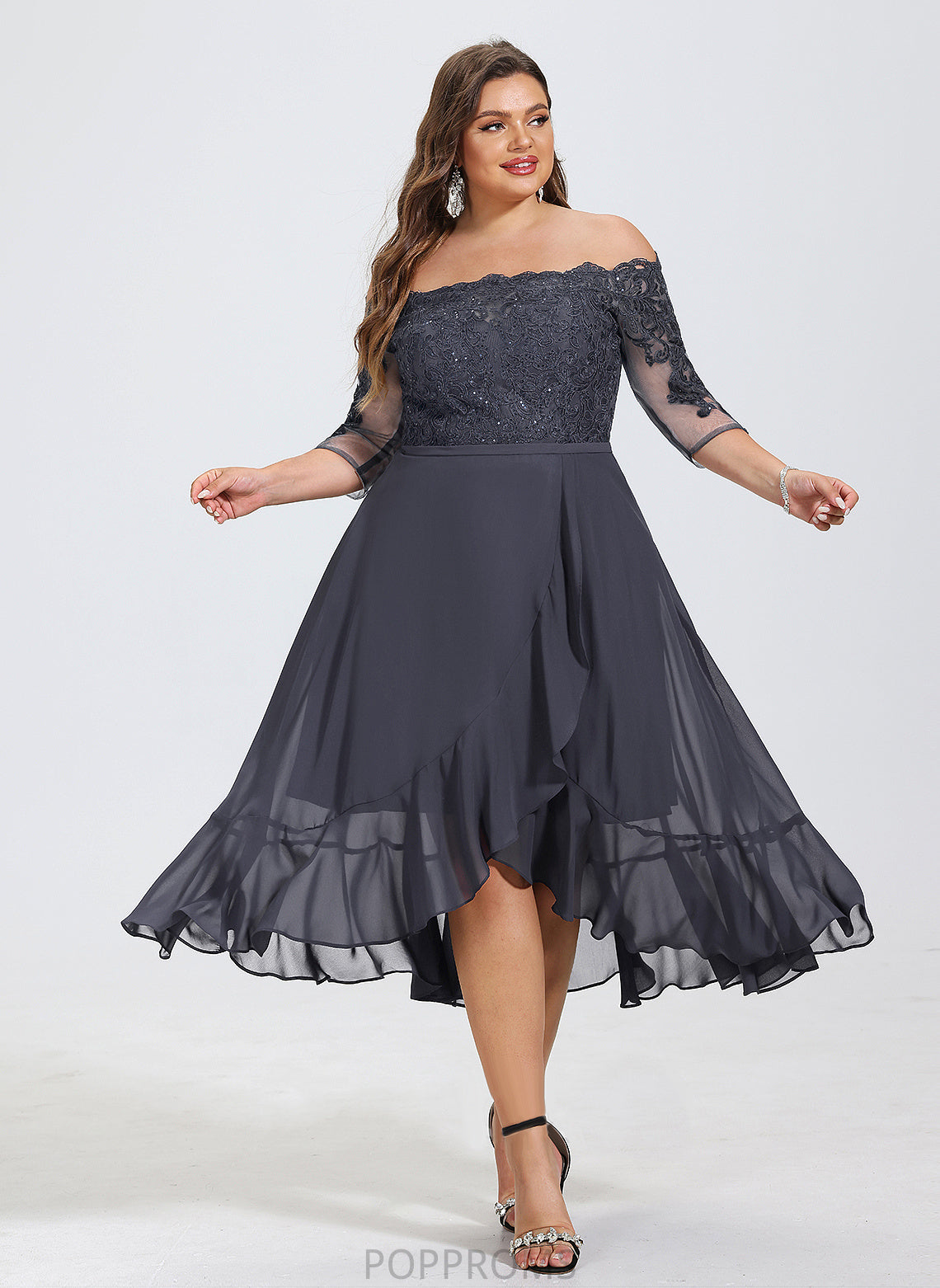 Off-the-Shoulder Cocktail Dresses With A-Line Asymmetrical Nancy Cocktail Lace Chiffon Sequins Dress