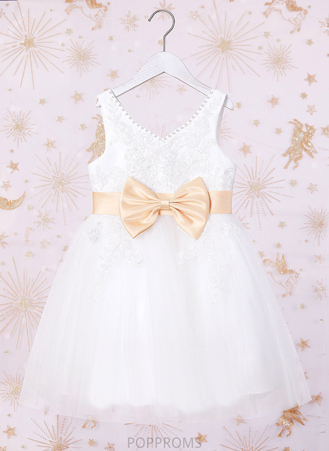 With Sash/Beading/Bow(s) Girl A-Line Flower Knee-length Tulle/Lace V-neck Dress Flower Girl Dresses Sleeveless - Kaylin