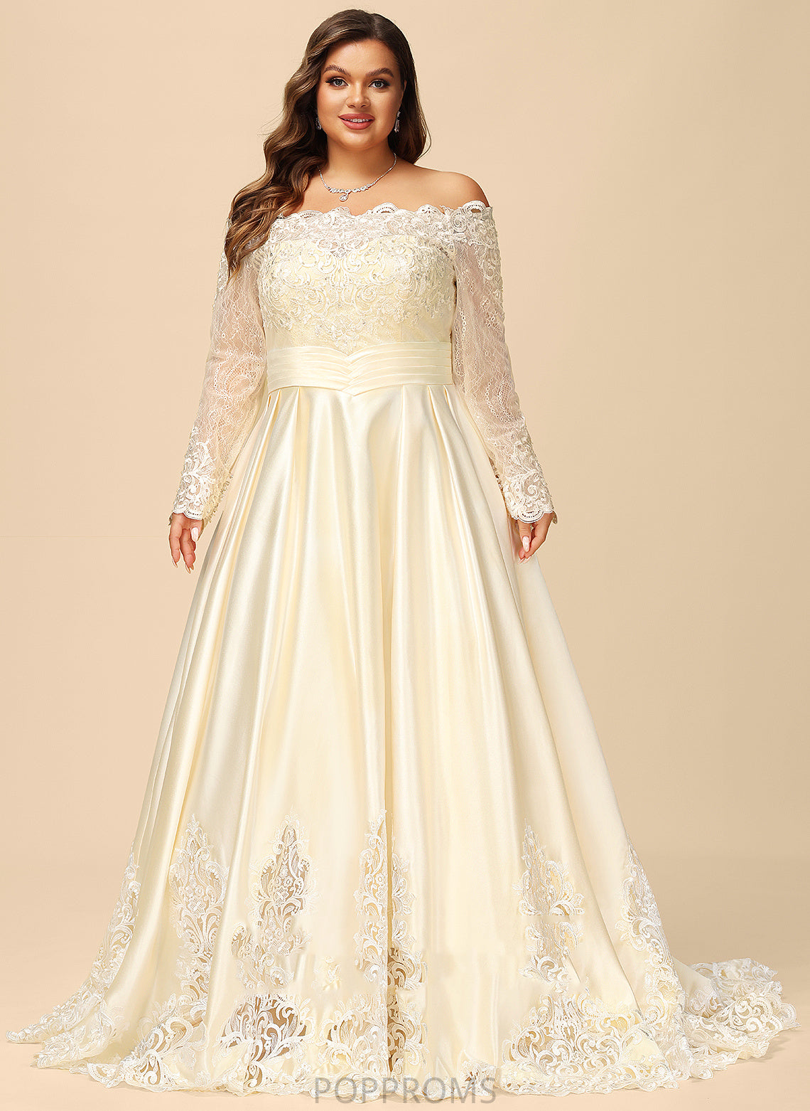 Off-the-Shoulder Satin Wedding Dresses Beading Sequins Jocelynn Dress Sweep Train With Wedding Lace Ball-Gown/Princess