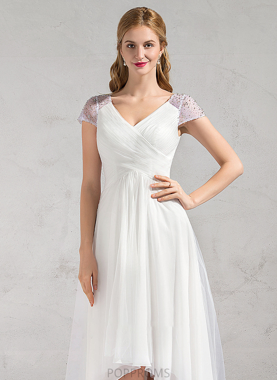 With Beading Sequins Wedding Dresses Dress A-Line Ruffle Wedding V-neck Asymmetrical Tulle Anastasia