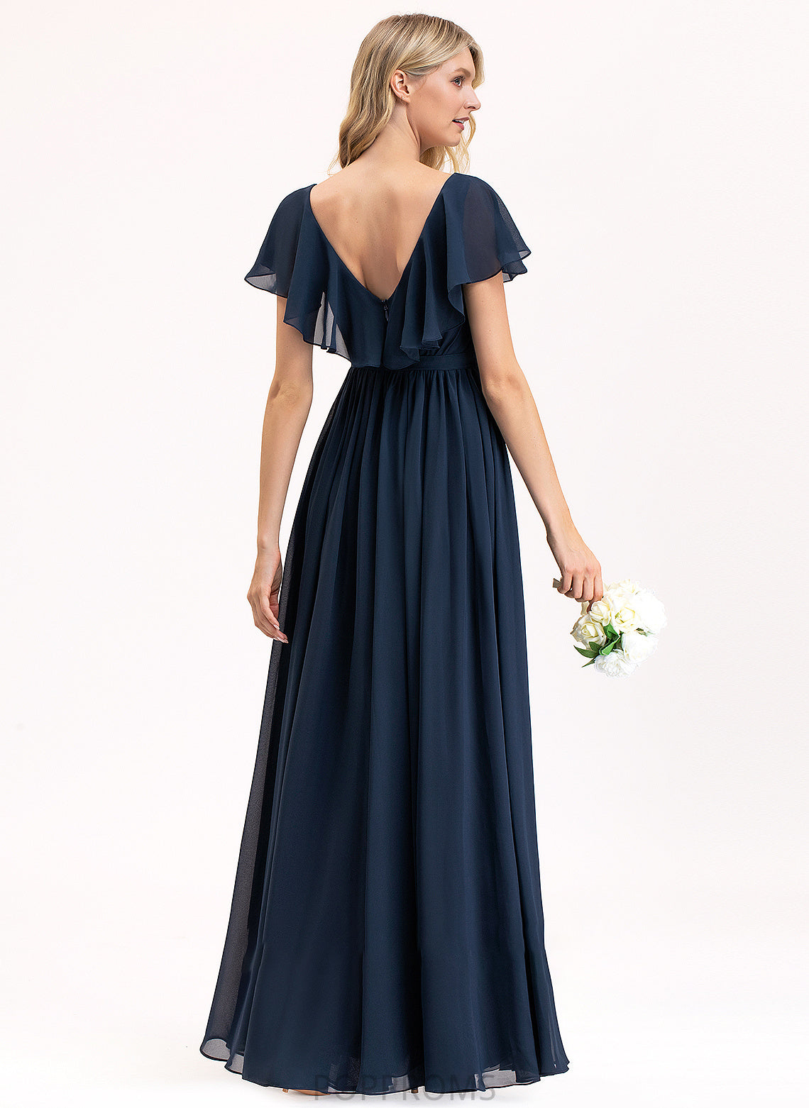 V-neck A-Line Neckline CascadingRuffles Bow(s) Length Fabric Silhouette SplitFront Embellishment Floor-Length Ursula Bridesmaid Dresses