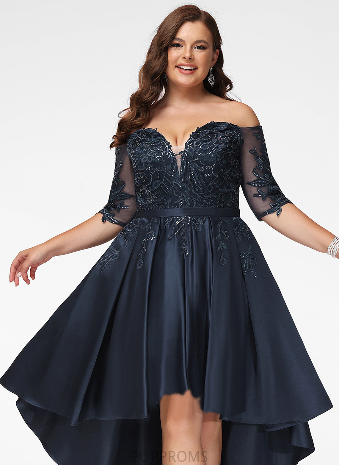 A-Line Off-the-Shoulder Satin Prom Dresses Kiara Lace Asymmetrical