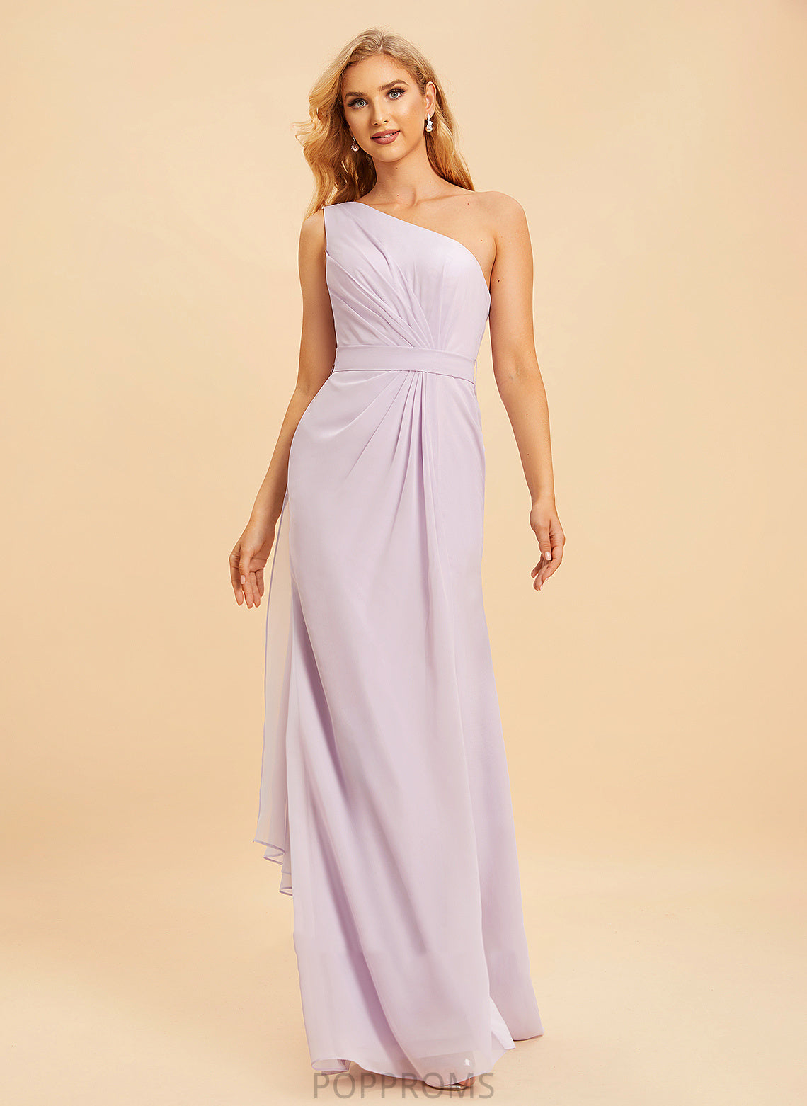 Floor-Length Length A-Line Embellishment Ruffle Neckline One-Shoulder Silhouette SplitFront Fabric Renata Natural Waist Bridesmaid Dresses