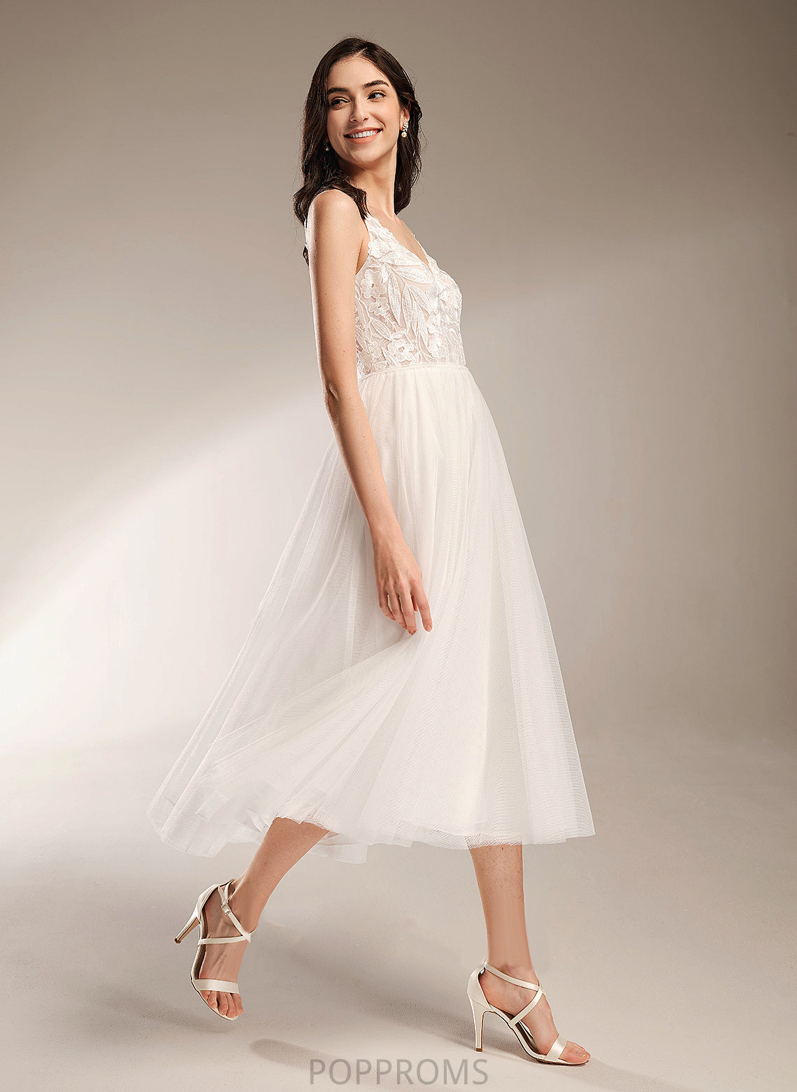 Tea-Length Dress V-neck Emerson Wedding A-Line Lace Wedding Dresses Tulle