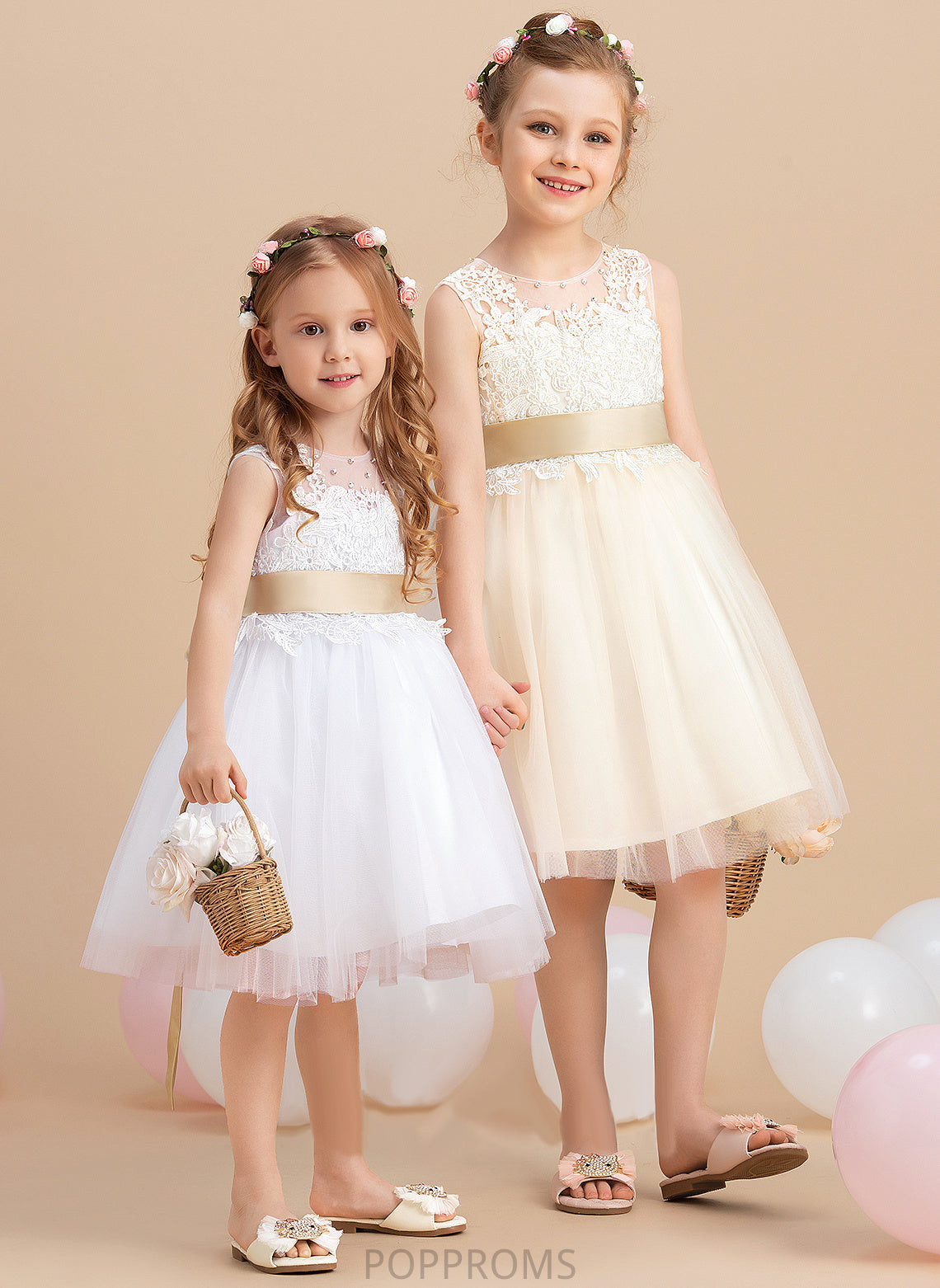 sash) Neck With Girl Flower Girl Dresses Sleeveless Flower (Detachable - Scoop A-Line Knee-length Sash/Beading/Back Hole Jazmyn Tulle/Lace Dress