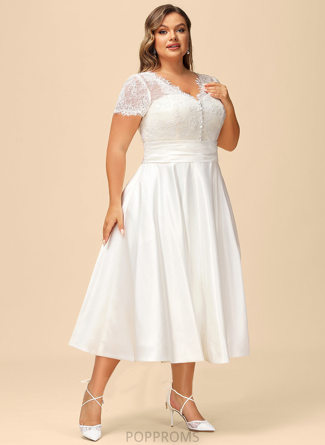 Wedding Londyn Pockets V-neck Wedding Dresses Satin Dress With Ruffle Lace Tea-Length A-Line