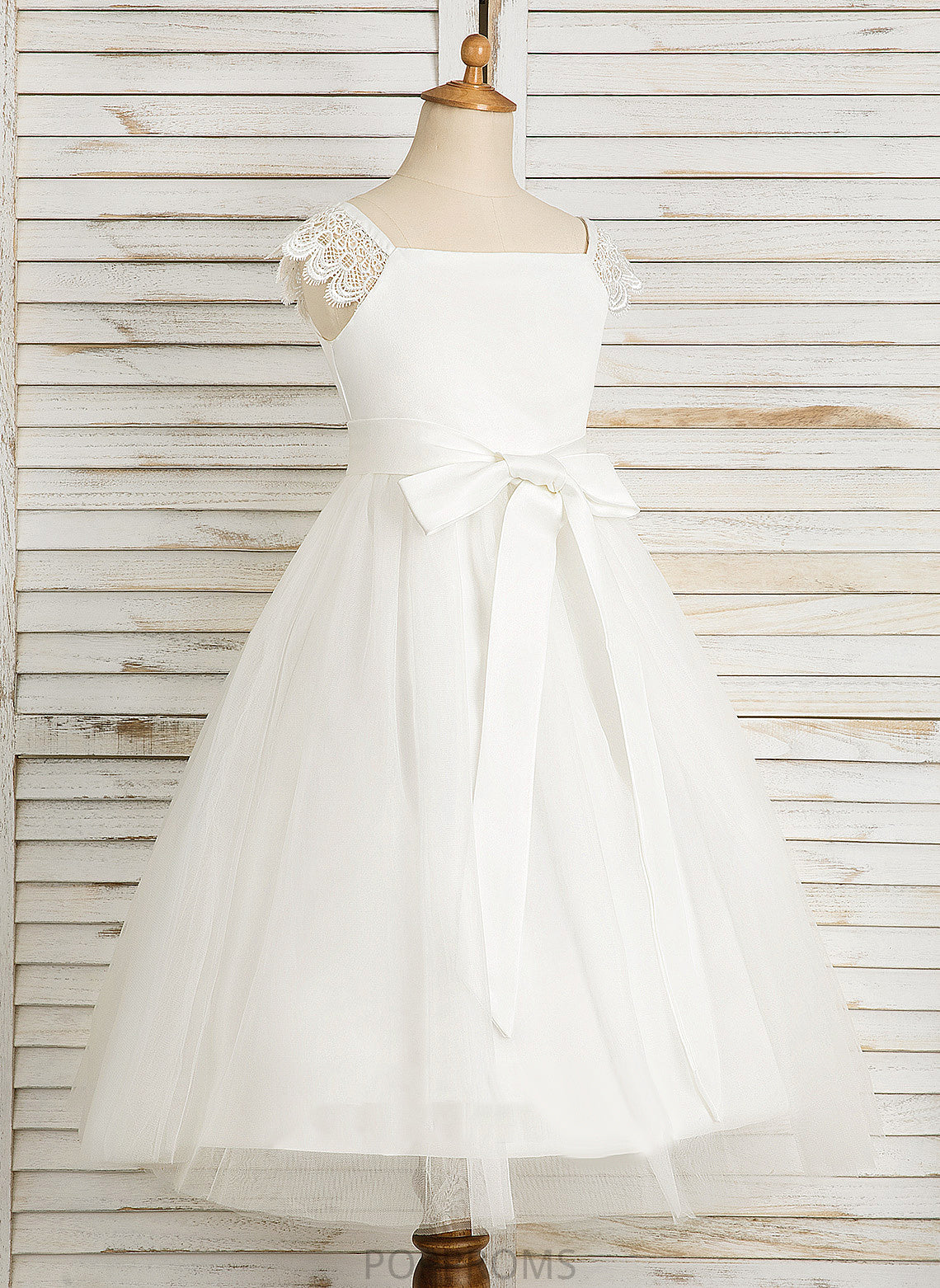 With Satin/Tulle Dress Flower Lace/Sash - Square Neckline Flower Girl Dresses Girl Tea-length A-Line Ellen Sleeveless