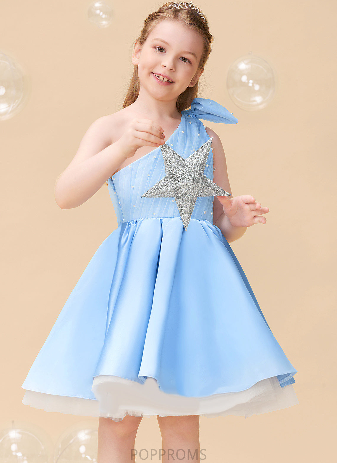 A-Line Flower Beading/Bow(s) With Dress Knee-length Flower Girl Dresses One-Shoulder Girl - Sherry Sleeveless Satin/Tulle