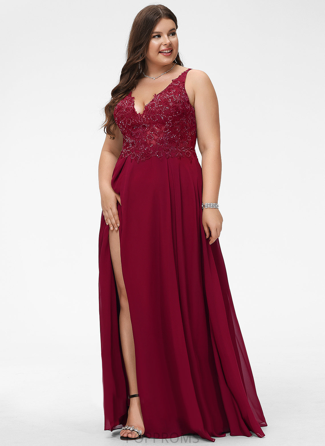 Sequins Nylah Floor-Length A-Line Prom Dresses Lace With Chiffon V-neck