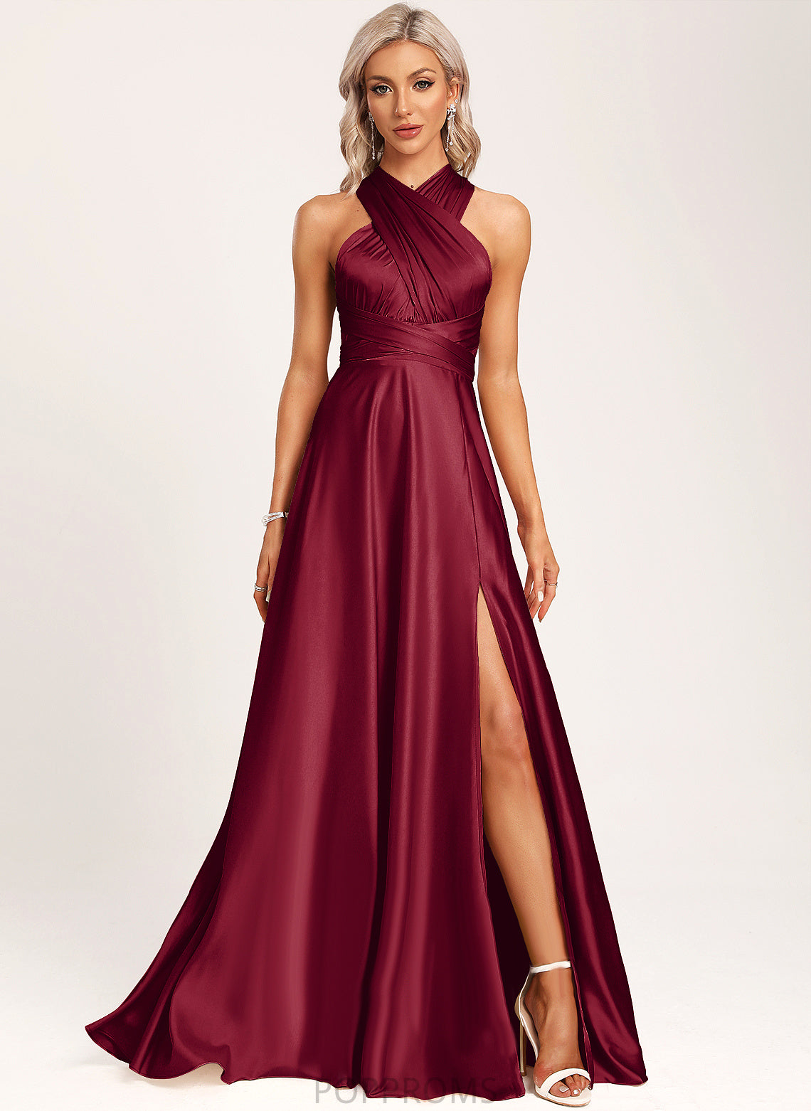 V-neck A-Line Satin One-Shoulder Length Silhouette Straps&Sleeves Halter Floor-Length Fabric Neckline Janelle Bridesmaid Dresses