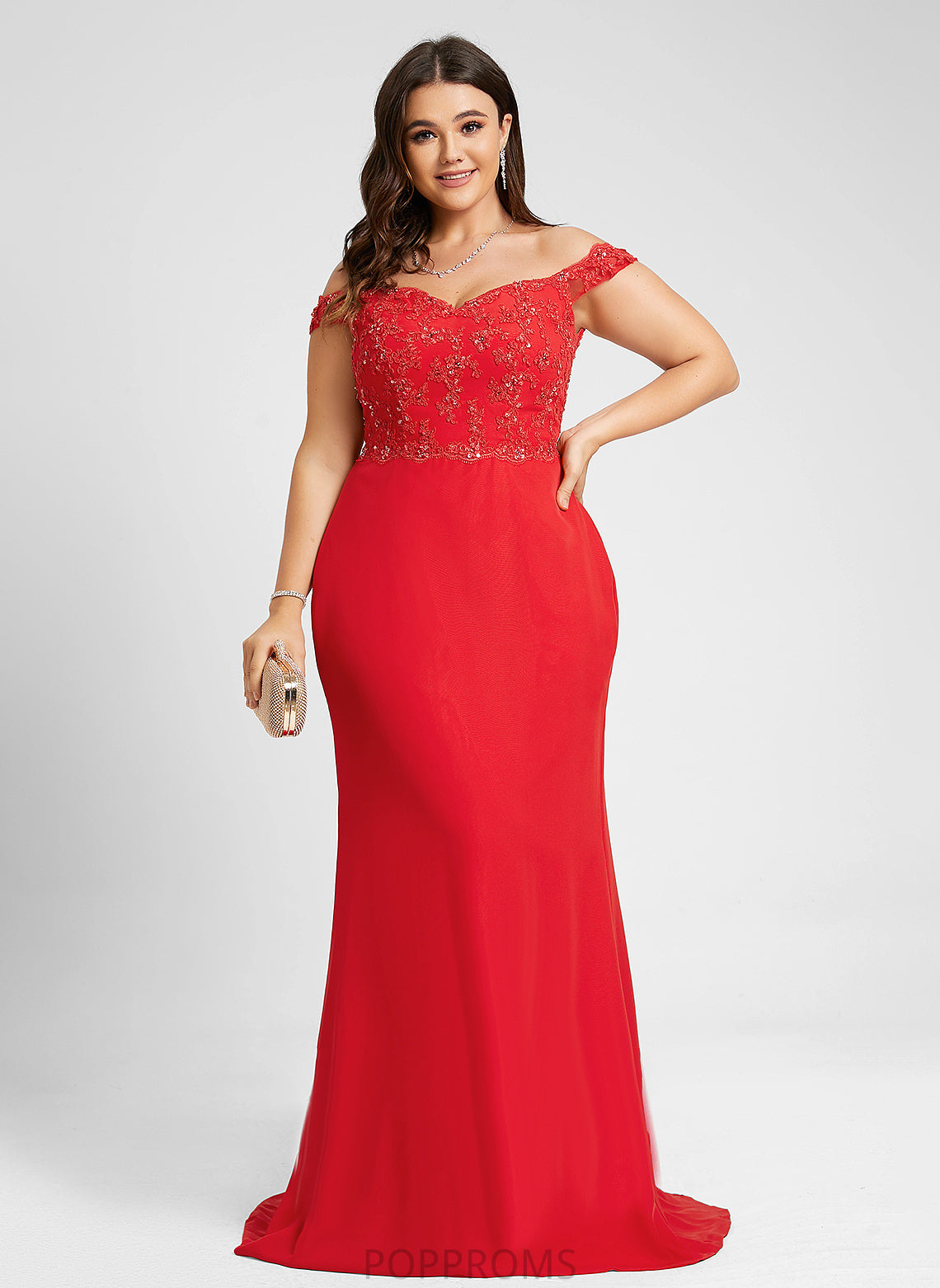 Hilary Chiffon Beading Tulle Sweep Lace Trumpet/Mermaid With Train Prom Dresses Off-the-Shoulder Sequins