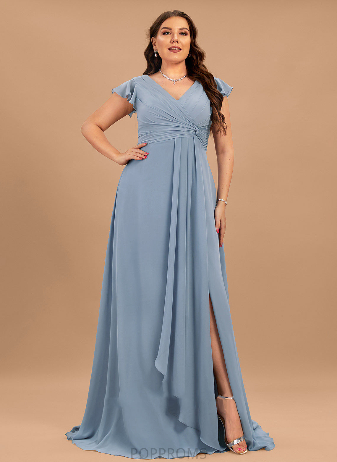 V-neck Embellishment A-Line SplitFront Silhouette Length Floor-Length Ruffle Fabric Neckline April A-Line/Princess Bridesmaid Dresses