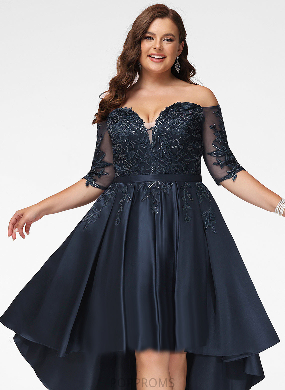 Asymmetrical Sequins Off-the-Shoulder Regina A-Line Lace With Satin Prom Dresses