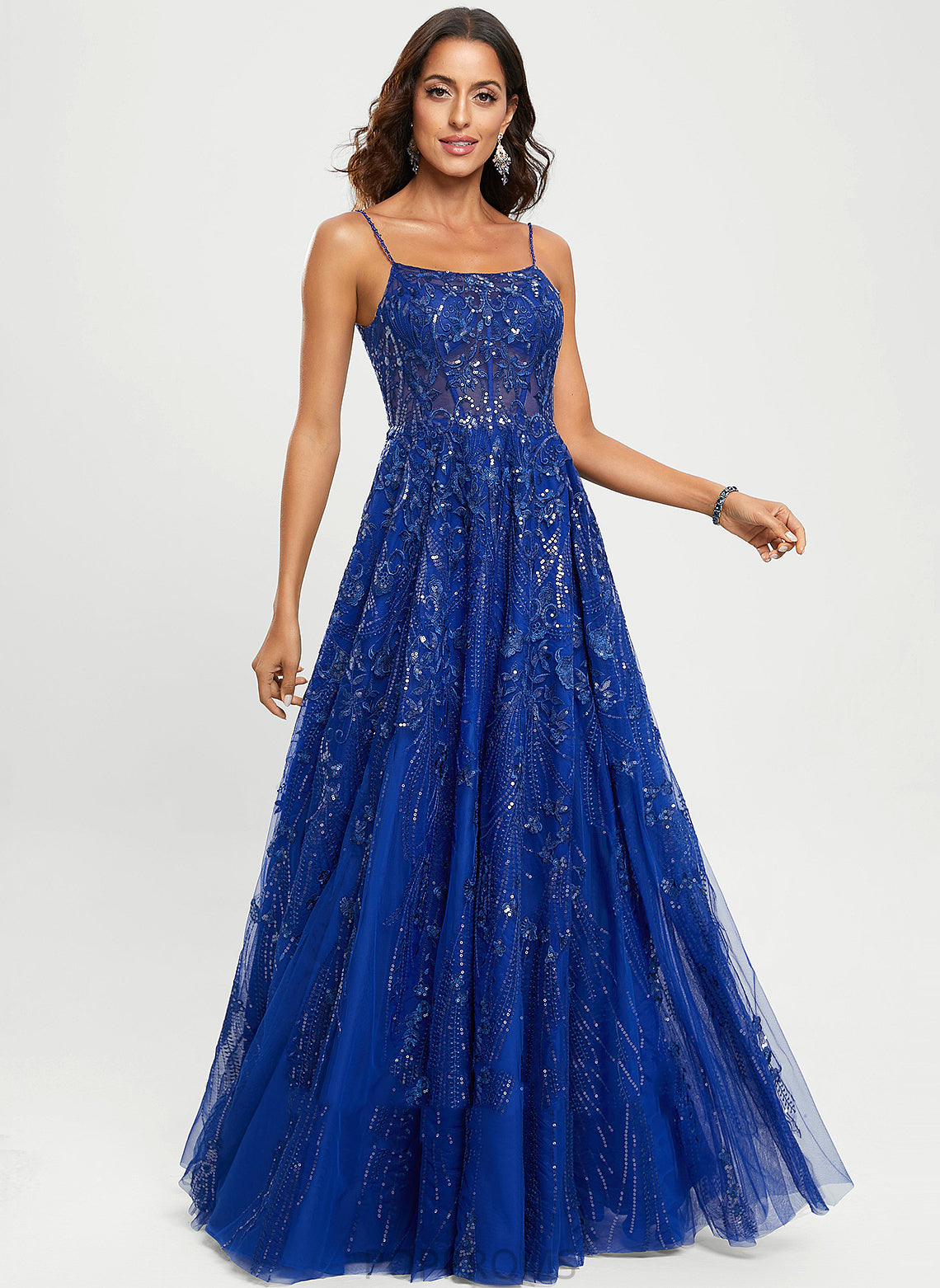 Scoop Lace With Floor-Length A-Line Sequins Tulle Nina Prom Dresses