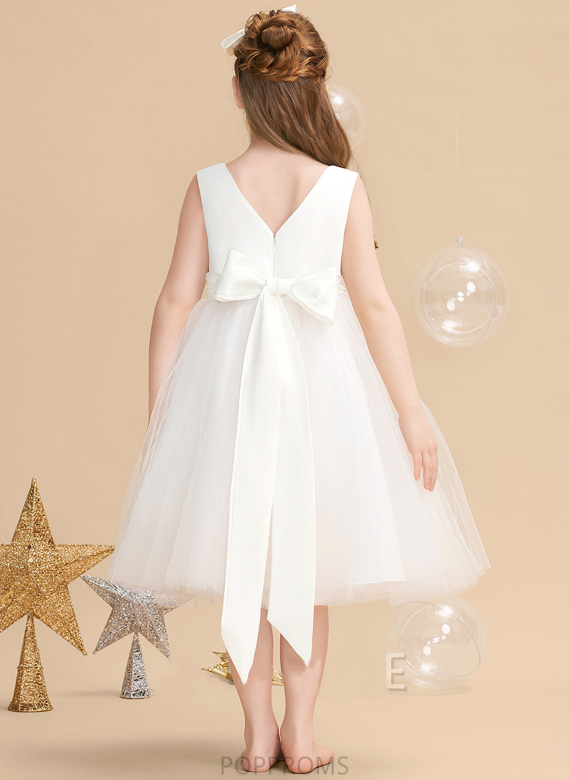 Knee-length Satin/Tulle A-Line Bow(s) Dress - With Flower Sleeveless Girl Flower Girl Dresses Joselyn V-neck