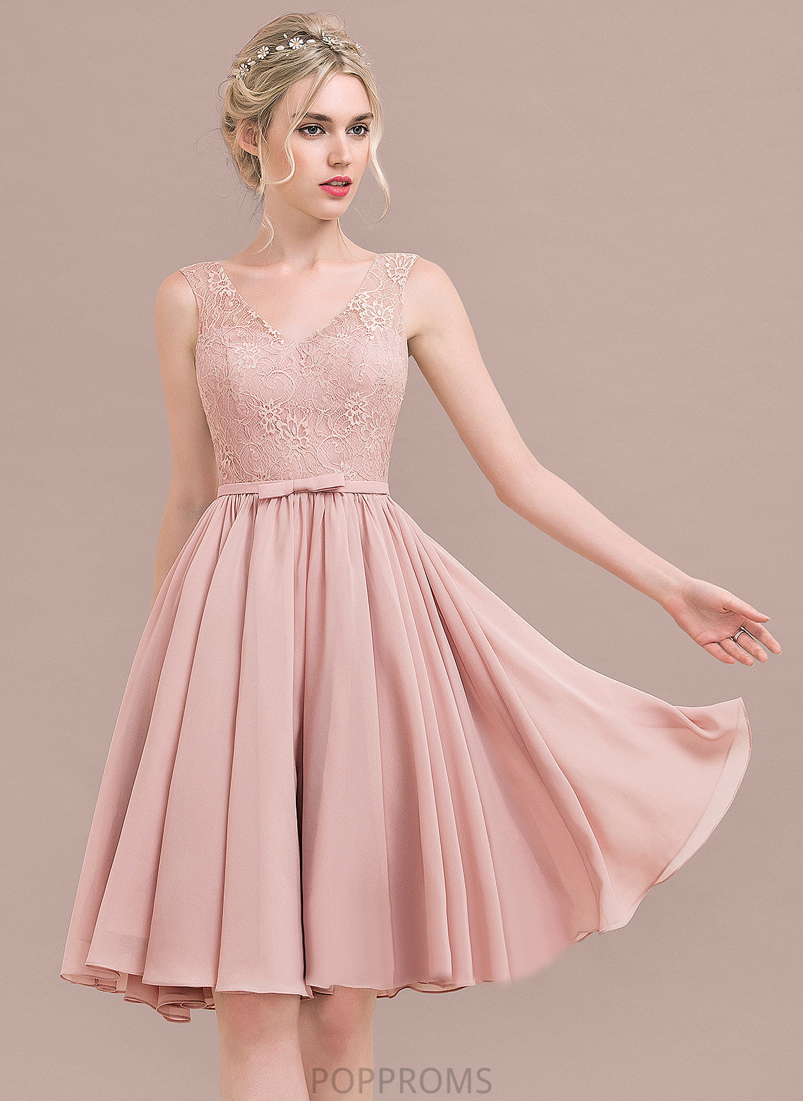 Lace V-neck Lace A-Line Bow(s) Chiffon Dress Lilith Homecoming Dresses Knee-Length With Homecoming