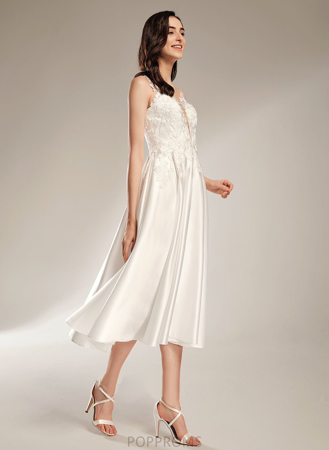 Dress V-neck Alma Lace Satin A-Line Wedding Tea-Length Wedding Dresses