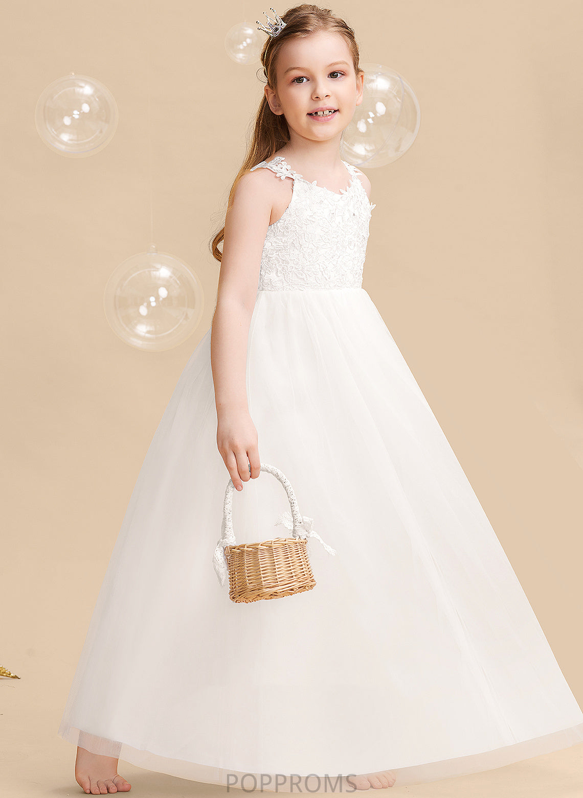 Sleeveless Floor-length Dress Girl Ball-Gown/Princess Beading/Bow(s) - Tulle/Lace With Tracy Flower Flower Girl Dresses V-neck