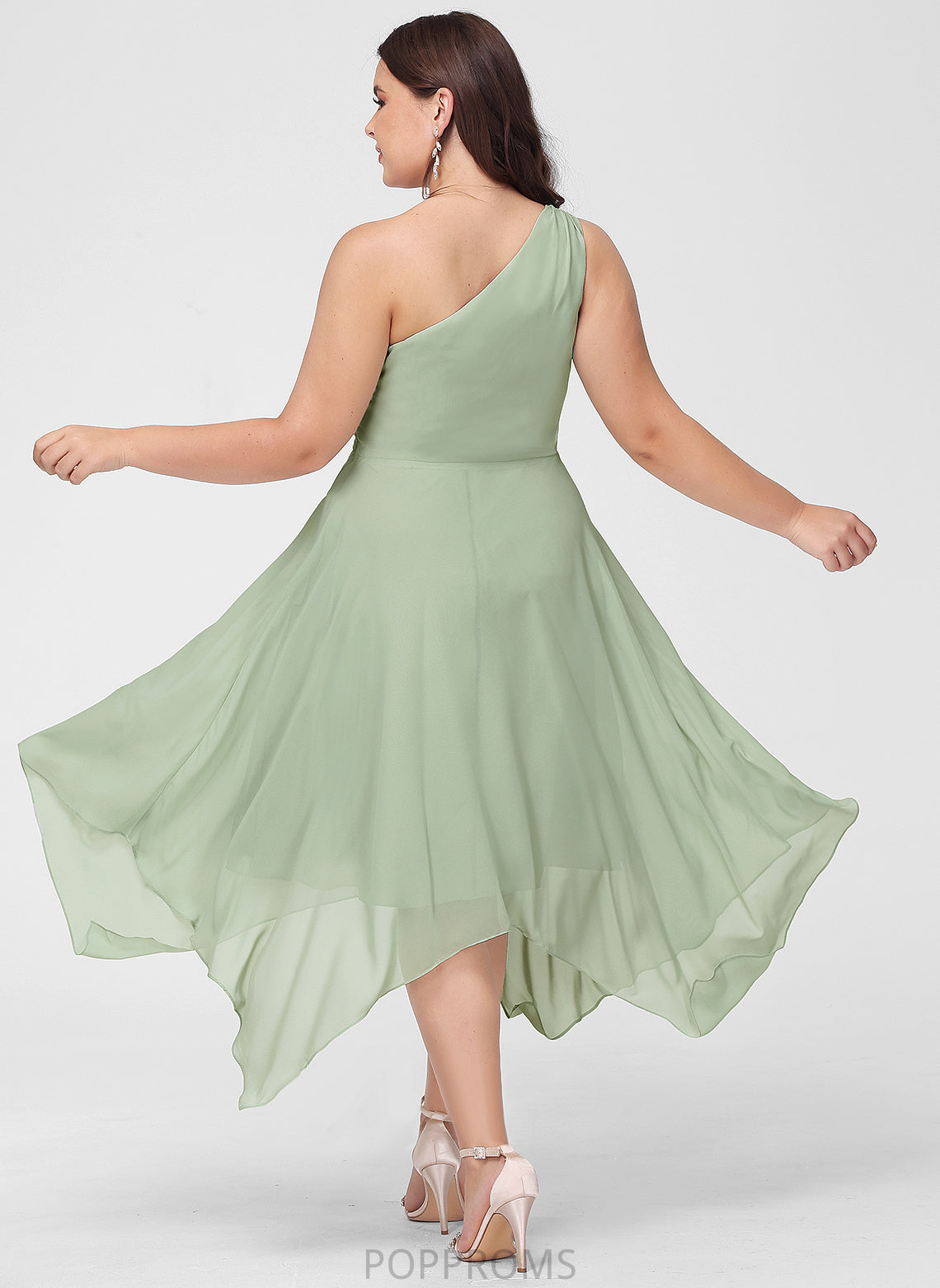 Ruffle A-Line One-Shoulder Fabric Length Neckline Asymmetrical Silhouette Embellishment Elliana Sleeveless Natural Waist Bridesmaid Dresses