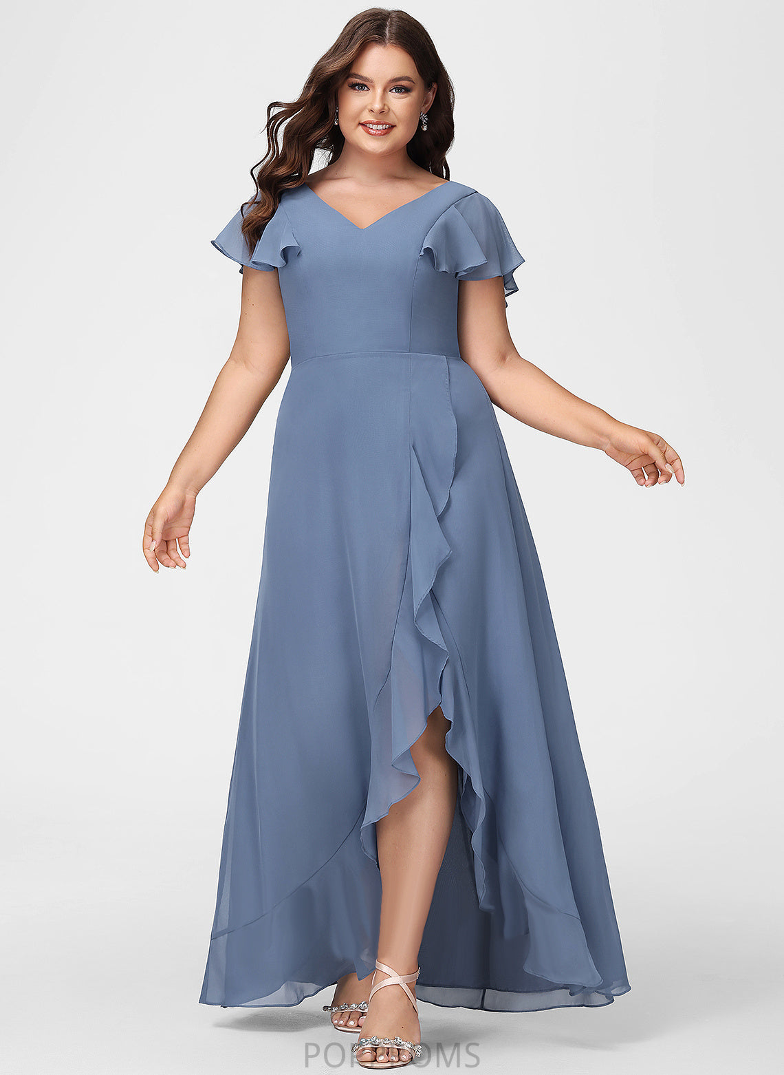 SplitFront Neckline Ruffle Embellishment A-Line Fabric Asymmetrical Silhouette Length V-neck Gertrude A-Line/Princess Bridesmaid Dresses